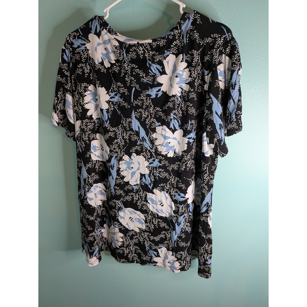 Cathy Womens 2XL Floral V-Neck Top Black Blue White Short Tulip Sleeve - Picture 2 of 5